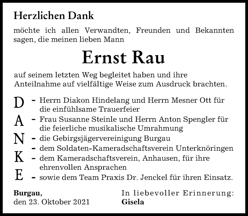 Traueranzeigen von Ernst Rau Allgäuer Zeitung