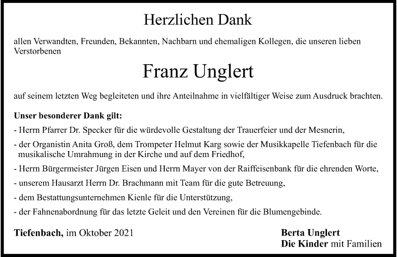 Traueranzeigen von Franz Unglert Allgäuer Zeitung