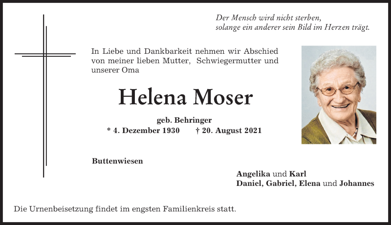 Traueranzeigen von Helena Moser Allgäuer Zeitung