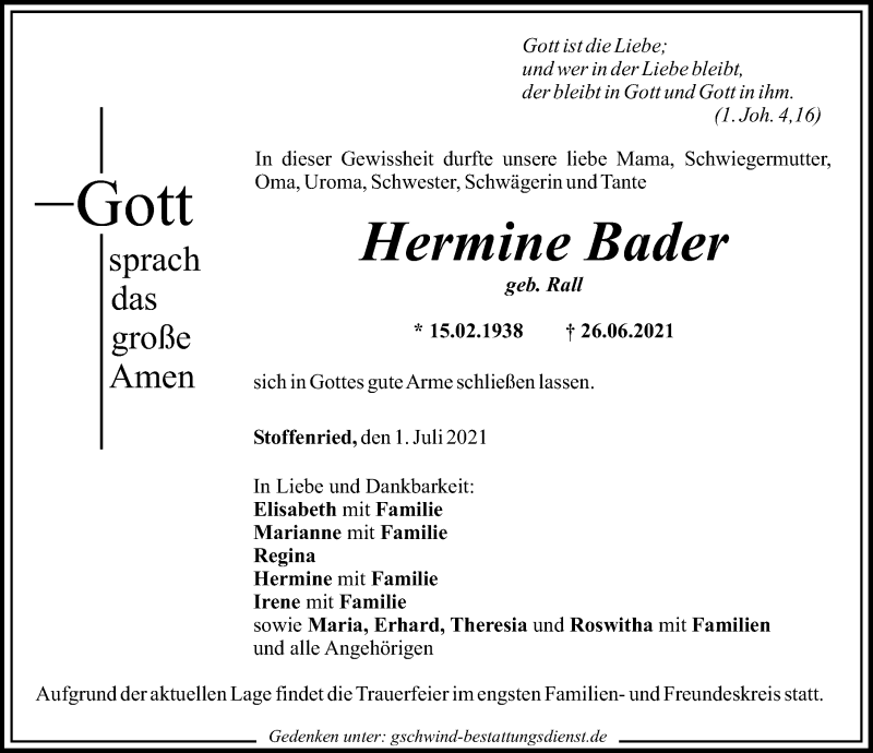 Traueranzeigen Von Hermine Bader Allg Uer Zeitung