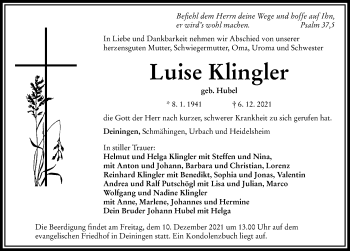 Traueranzeigen von Luise Klingler Allgäuer Zeitung