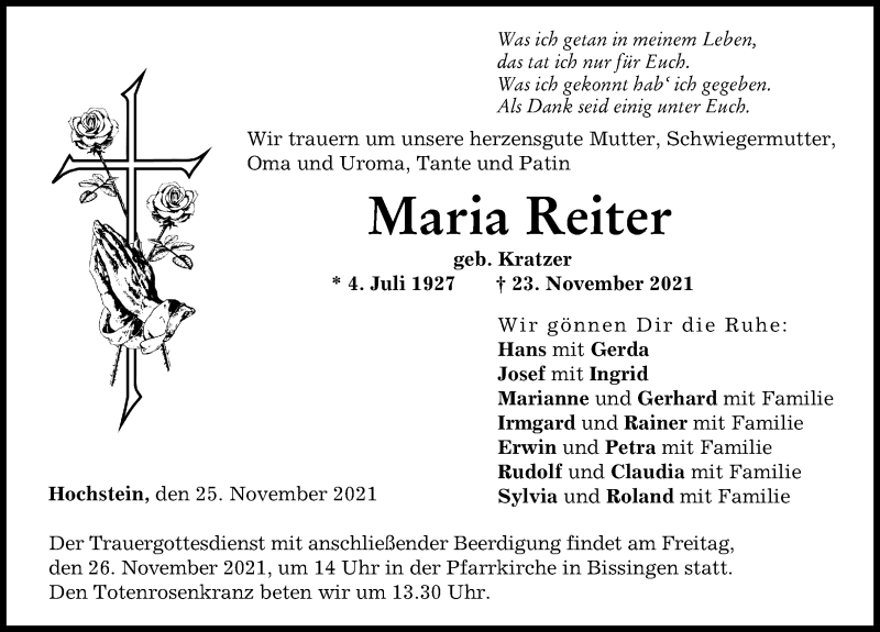 Traueranzeigen von Maria Reiter Allgäuer Zeitung