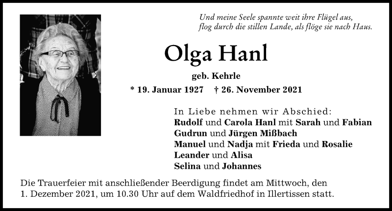 Traueranzeigen von Olga Hanl Allgäuer Zeitung