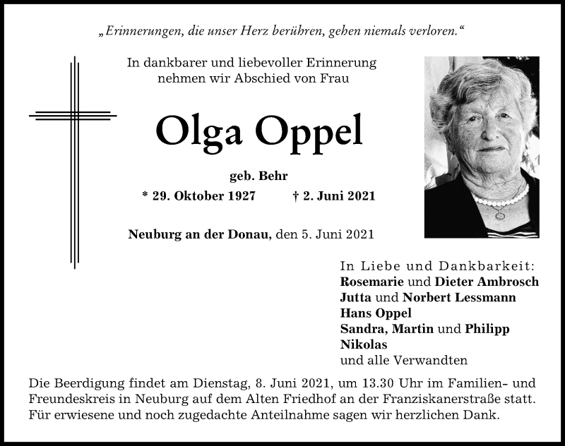 Traueranzeigen Von Olga Oppel Allg Uer Zeitung