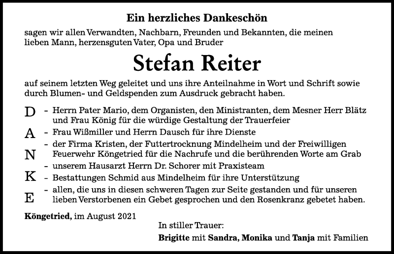 Traueranzeigen Von Stefan Reiter Allg Uer Zeitung