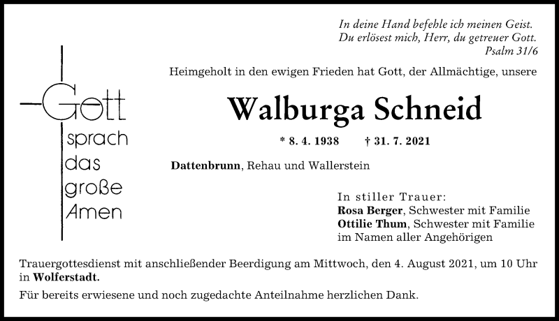 Traueranzeigen von Walburga Schneid Allgäuer Zeitung