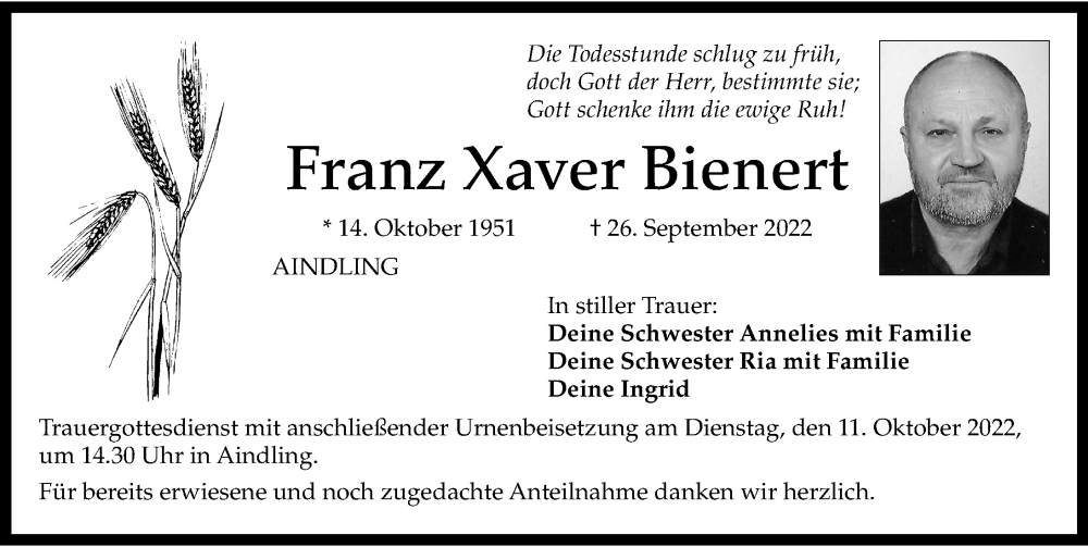 Traueranzeigen Von Franz Xaver Bienert Allg Uer Zeitung