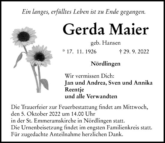 Traueranzeigen Von Gerda Maier Allg Uer Zeitung