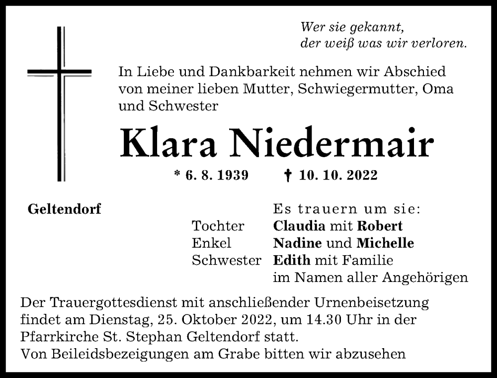 Traueranzeigen Von Klara Niedermair Allg Uer Zeitung