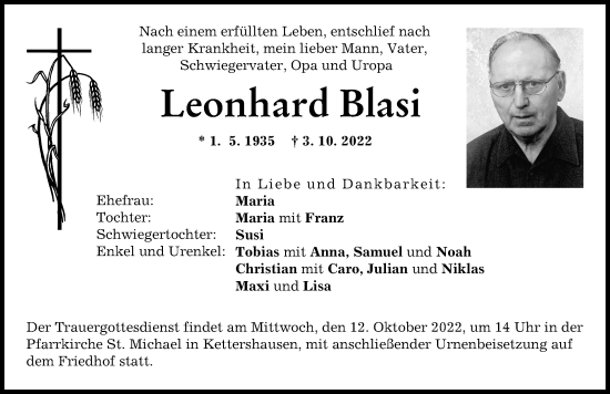 Traueranzeigen Von Leonhard Blasi Allg Uer Zeitung