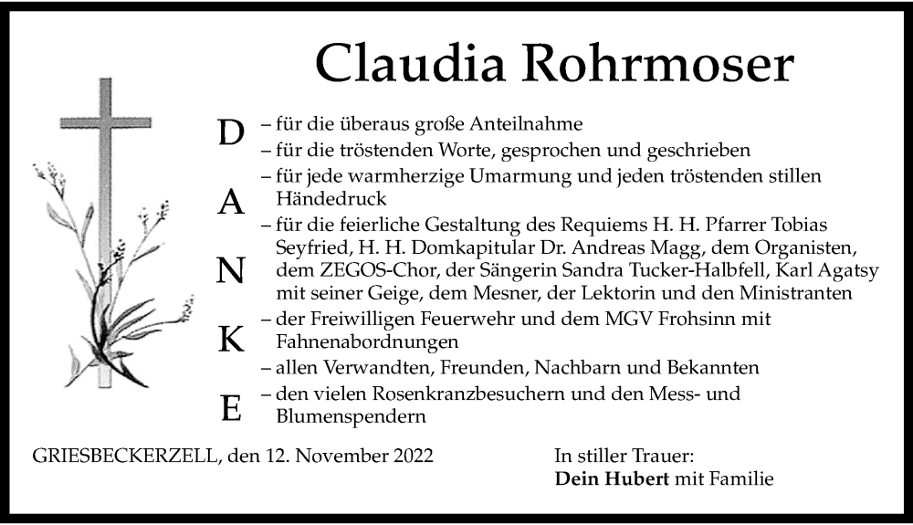 Traueranzeigen von Claudia Rohrmoser Allgäuer Zeitung