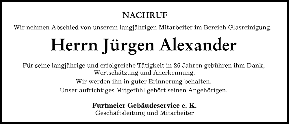 Traueranzeigen von Jürgen Alexander Allgäuer Zeitung