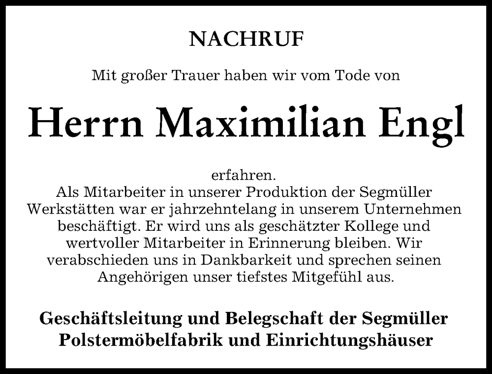 Traueranzeigen Von Maximilian Engl Allg Uer Zeitung