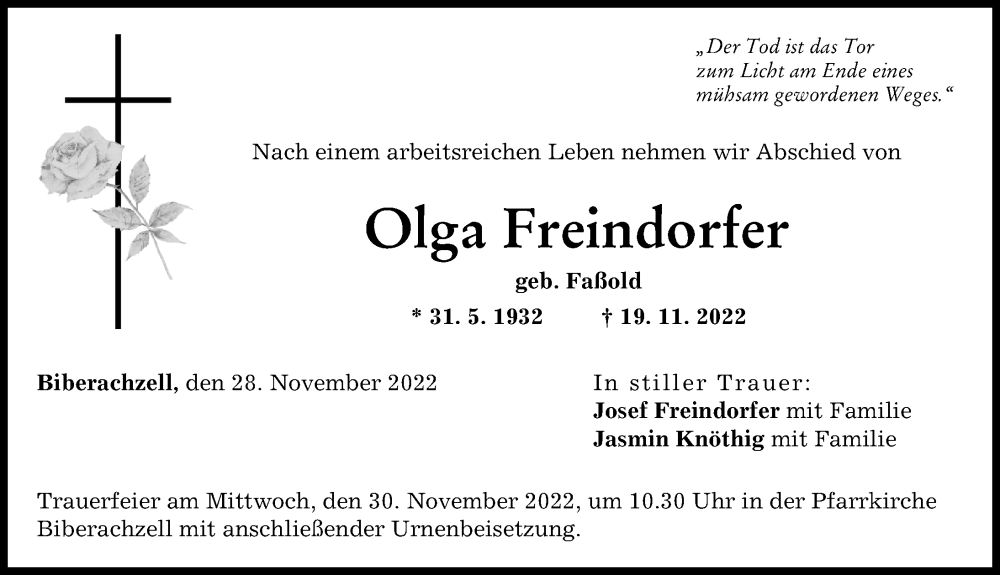 Traueranzeigen von Olga Freindorfer Allgäuer Zeitung