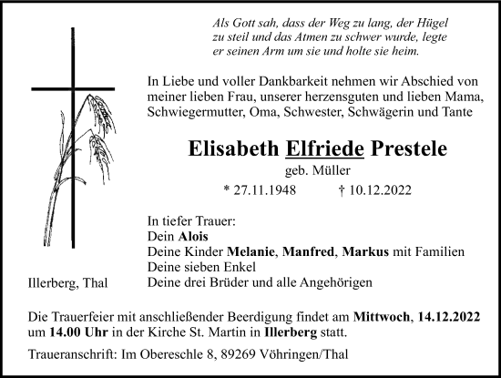 Traueranzeigen Von Elisabeth Elfriede Prestele Allg Uer Zeitung