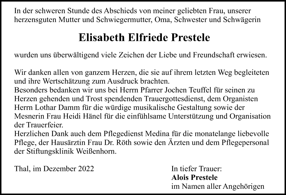 Traueranzeigen Von Elisabeth Elfriede Prestele Allg Uer Zeitung