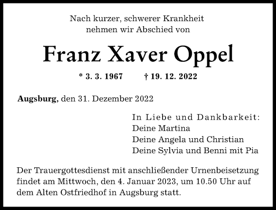 Traueranzeigen Von Franz Xaver Oppel Allg Uer Zeitung