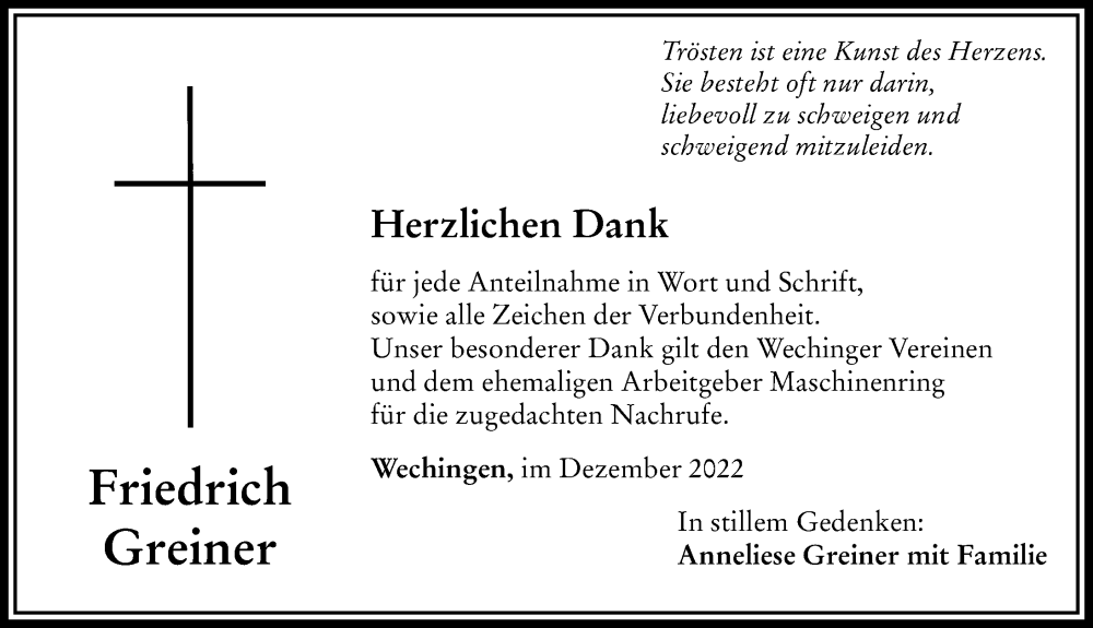 Traueranzeigen von Friedrich Greiner Allgäuer Zeitung