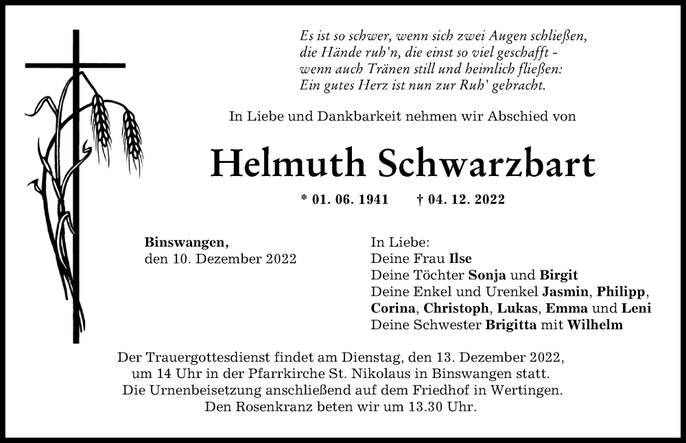 Traueranzeigen von Helmuth Schwarzbart Allgäuer Zeitung