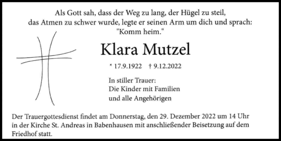 Traueranzeigen Von Klara Mutzel Allg Uer Zeitung