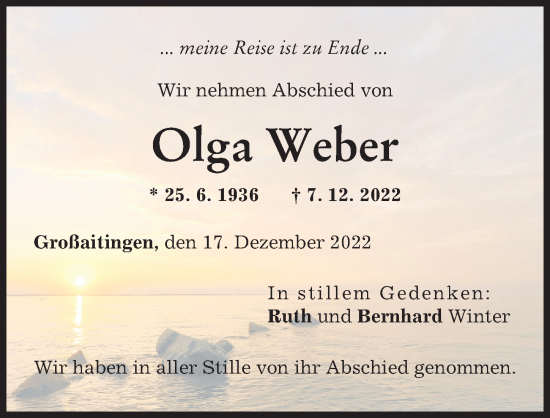 Traueranzeigen Von Olga Weber Allg Uer Zeitung