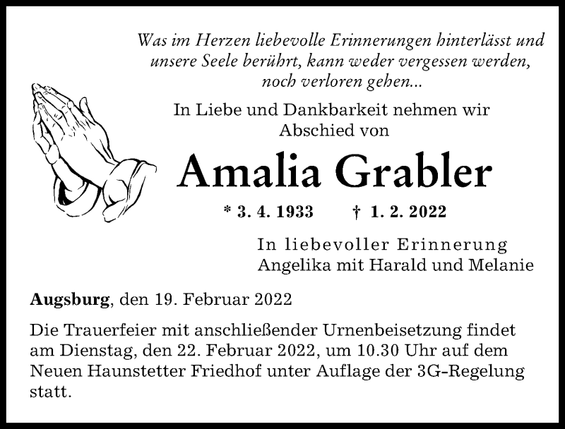 Traueranzeigen Von Amalia Grabler Allg Uer Zeitung