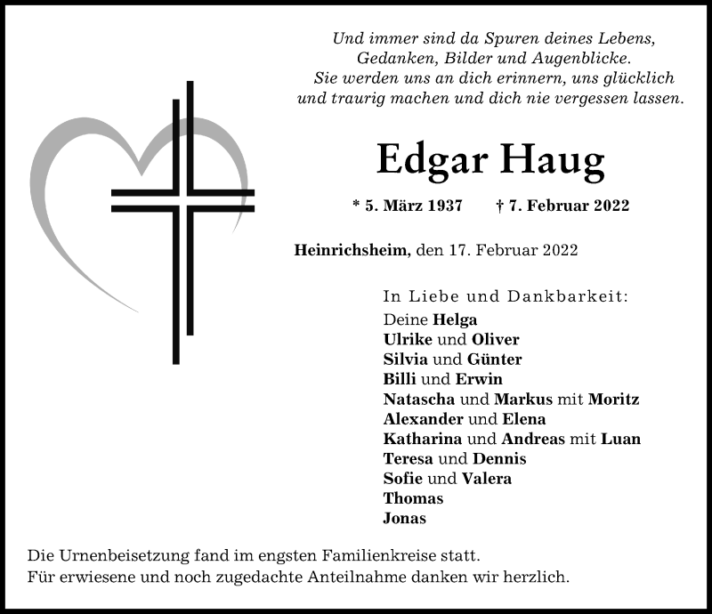 Traueranzeigen Von Edgar Haug Allg Uer Zeitung