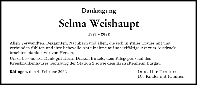 Traueranzeigen Von Selma Weishaupt Allg Uer Zeitung