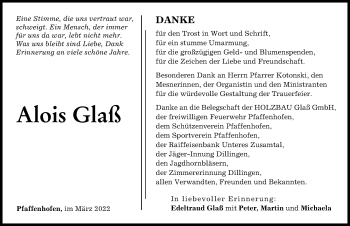 Traueranzeigen von Alois Glaß Allgäuer Zeitung