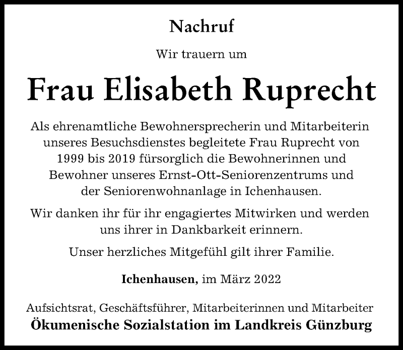 Traueranzeigen Von Elisabeth Ruprecht Allg Uer Zeitung