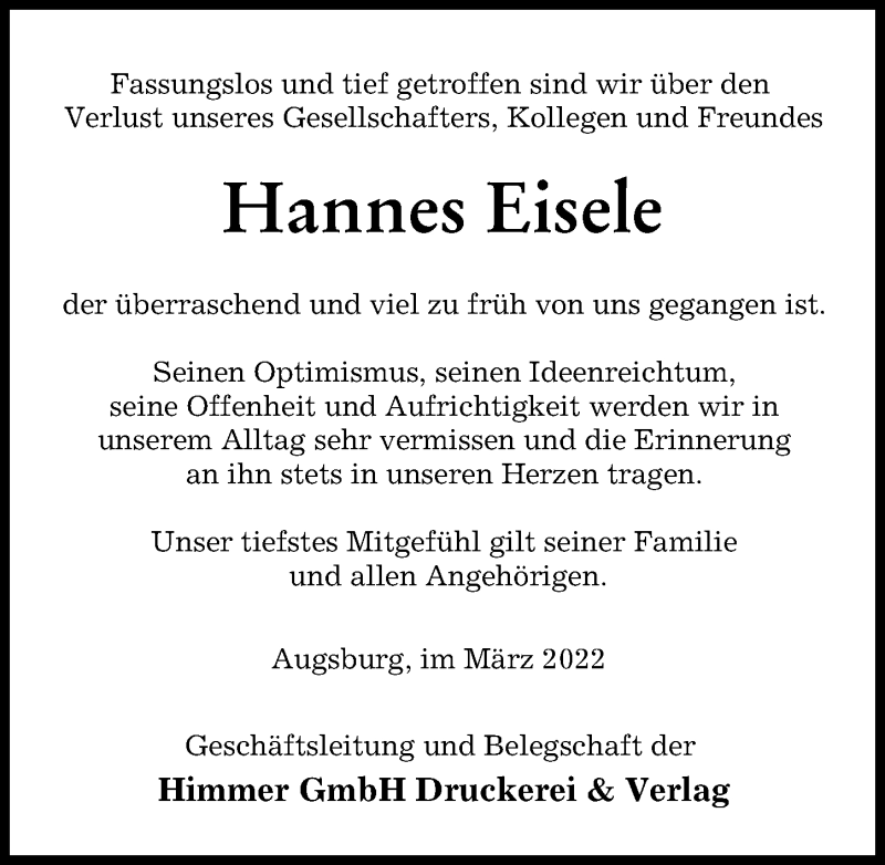 Traueranzeigen Von Hannes Eisele Allg Uer Zeitung