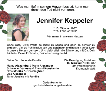 Traueranzeigen von Jennifer Keppeler Allgäuer Zeitung