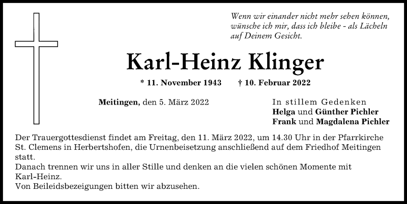 Traueranzeigen von Karl Heinz Klinger Allgäuer Zeitung