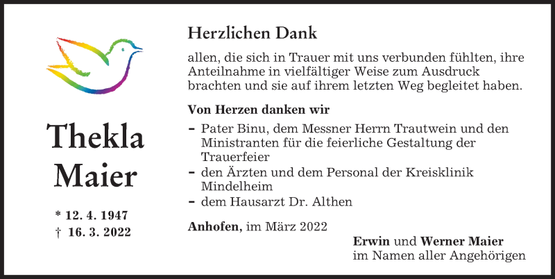 Traueranzeigen von Thekla Maier Allgäuer Zeitung