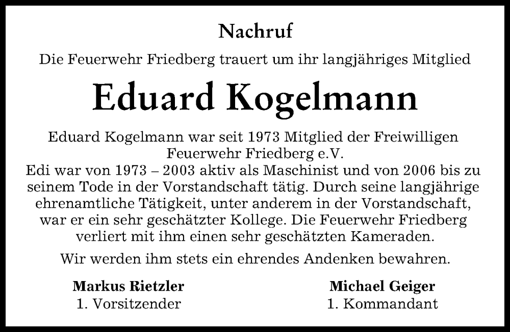 Traueranzeigen von Eduard Kogelmann Allgäuer Zeitung