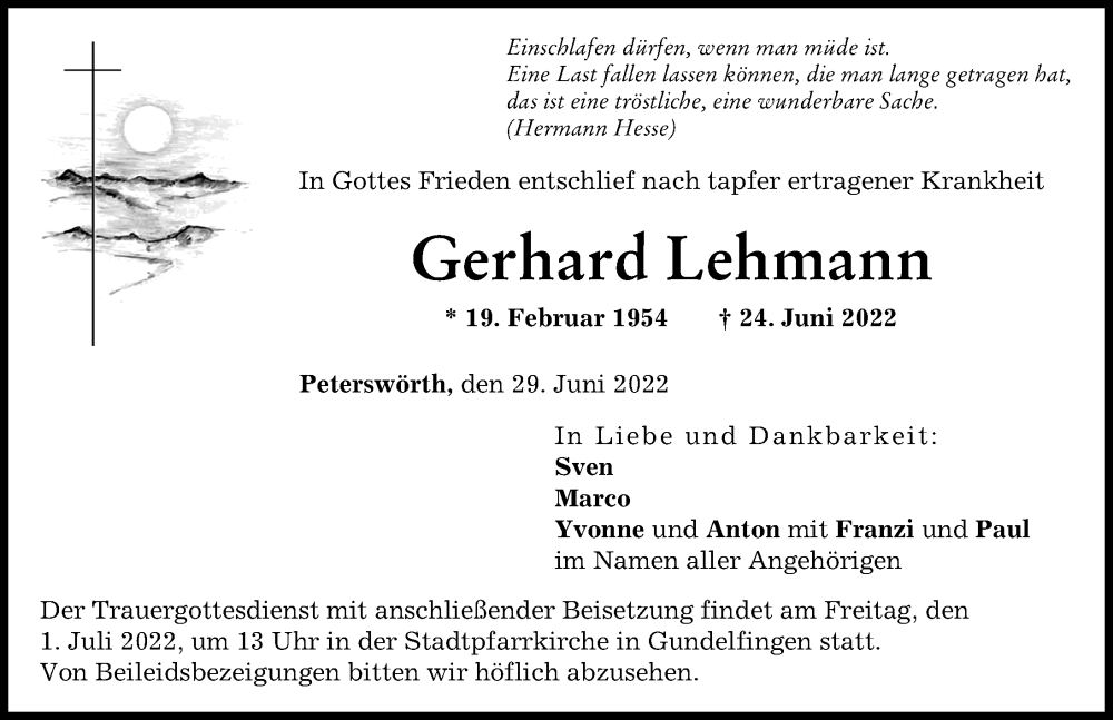 Traueranzeigen von Gerhard Lehmann Allgäuer Zeitung