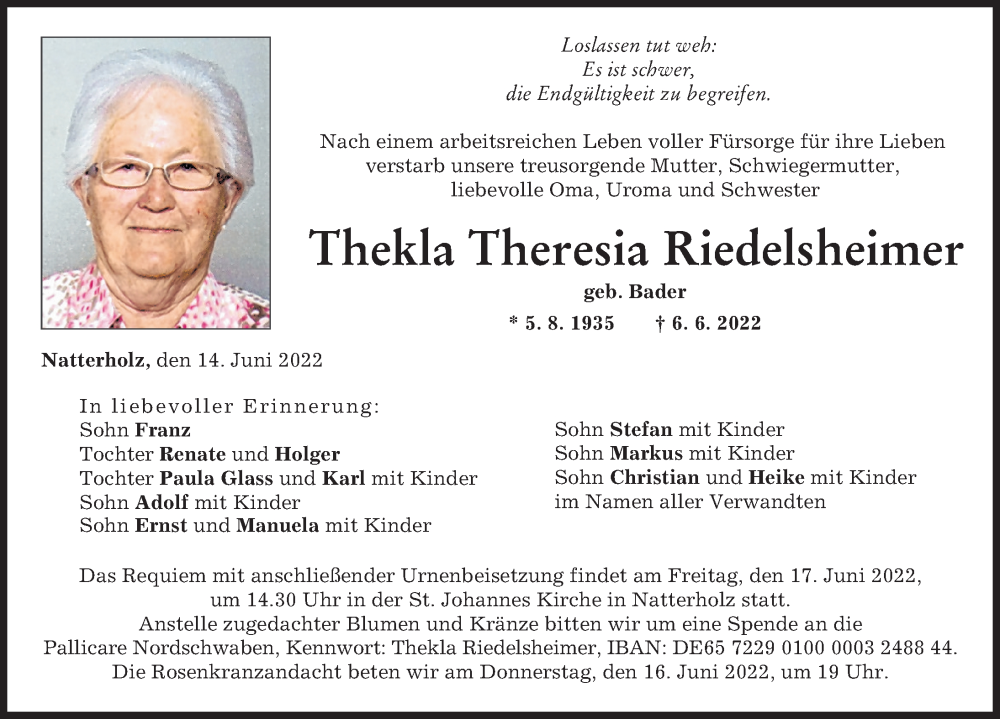 Traueranzeigen von Thekla Theresia Riedelsheimer Allgäuer Zeitung