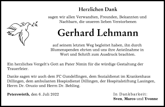 Traueranzeigen Von Gerhard Lehmann Allg Uer Zeitung