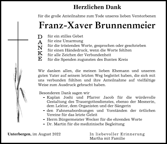 Traueranzeigen Von Franz Xaver Brunnenmeier Allg Uer Zeitung