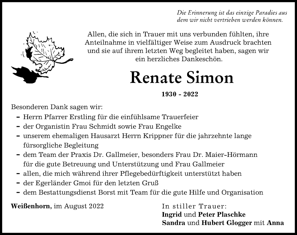 Traueranzeigen Von Renate Simon Allg Uer Zeitung