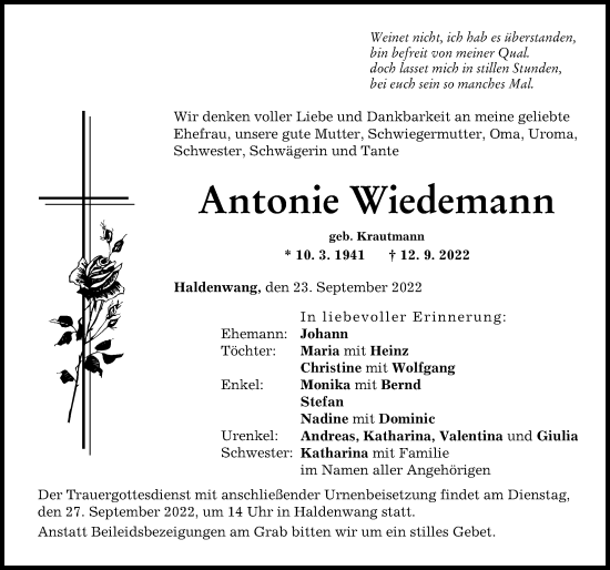 Traueranzeigen von Antonie Wiedemann Allgäuer Zeitung