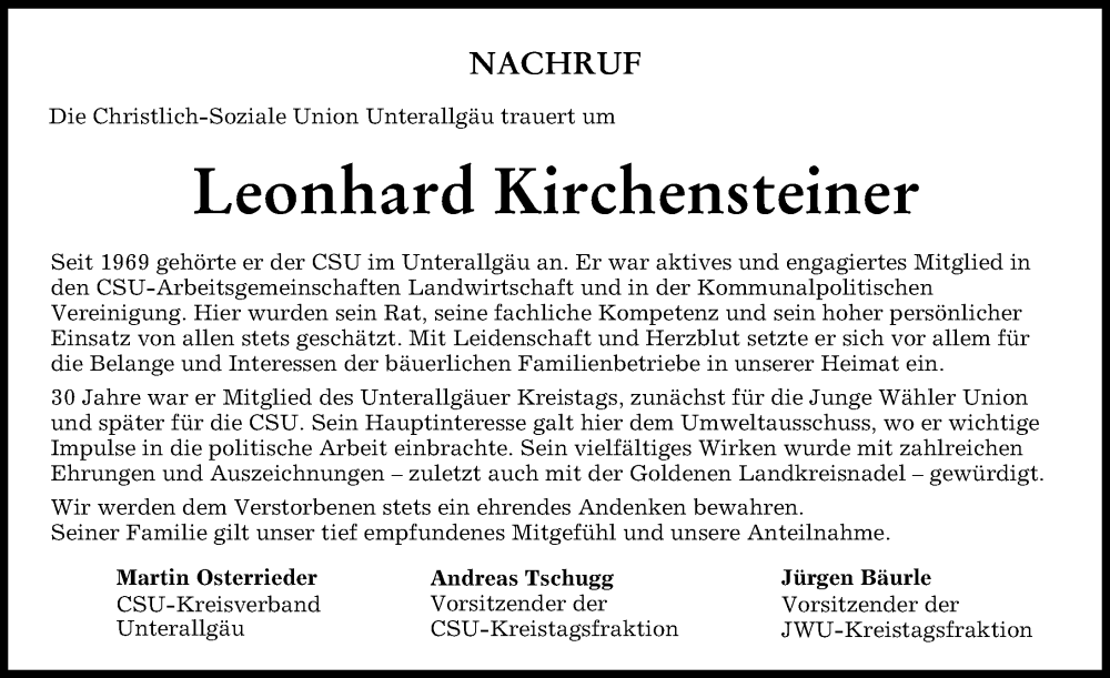 Traueranzeigen Von Leonhard Kirchensteiner Allg Uer Zeitung