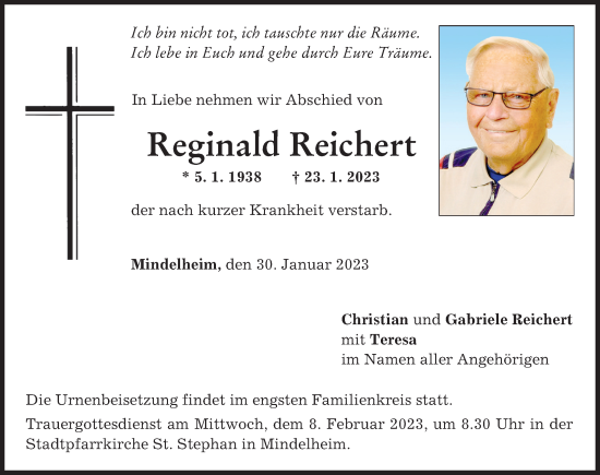 Traueranzeigen von Reginald Reichert Allgäuer Zeitung