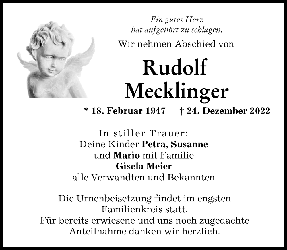 Traueranzeigen von Rudolf Mecklinger Allgäuer Zeitung