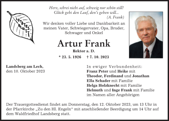 Traueranzeigen von Artur Frank Allgäuer Zeitung