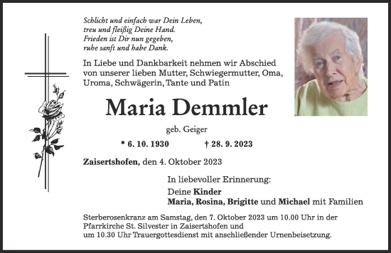 Traueranzeigen von Maria Demmler Allgäuer Zeitung