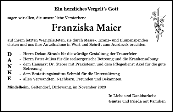 Traueranzeigen von Franziska Maier Allgäuer Zeitung