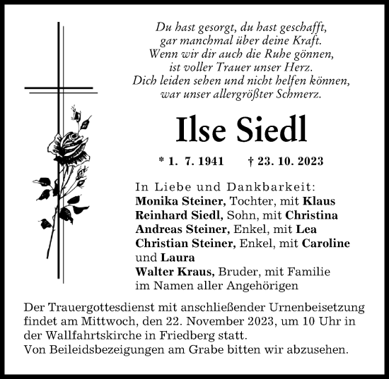 Traueranzeigen von Ilse Siedl Allgäuer Zeitung