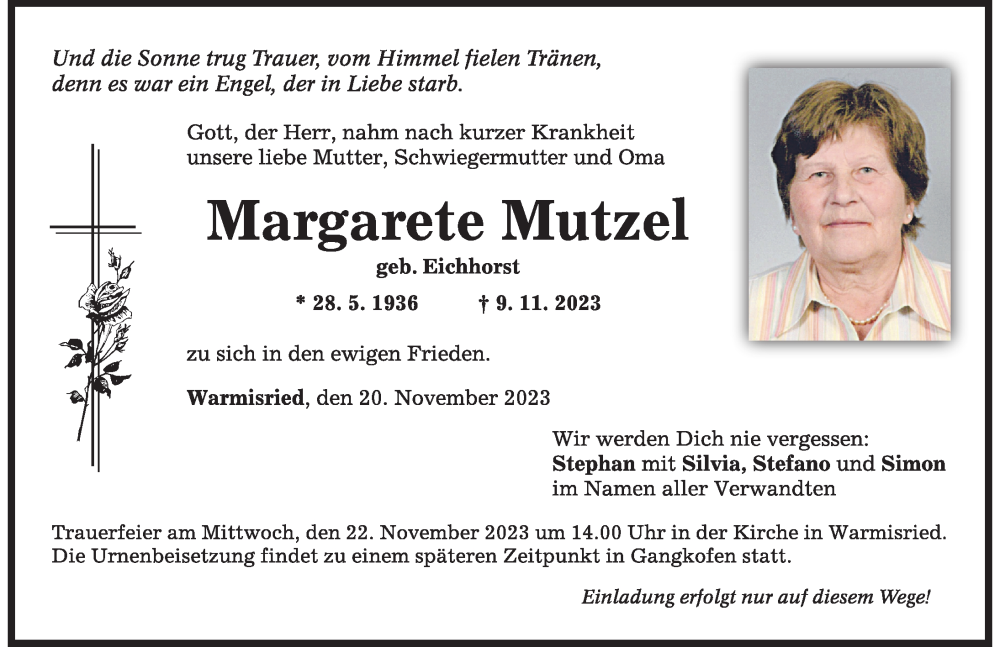 Traueranzeigen Von Margarete Mutzel Allg Uer Zeitung