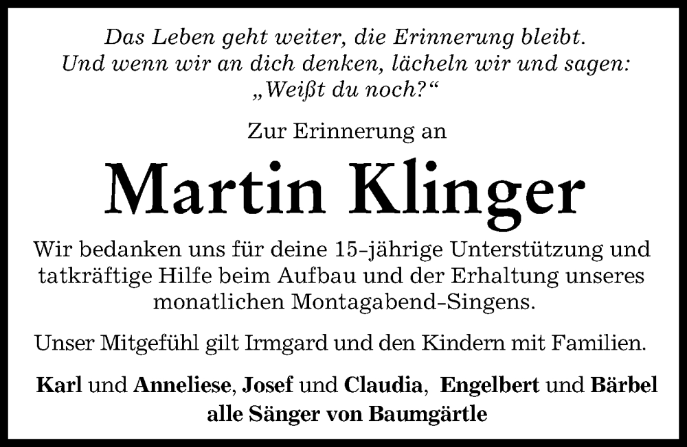 Traueranzeigen von Martin Klinger Allgäuer Zeitung